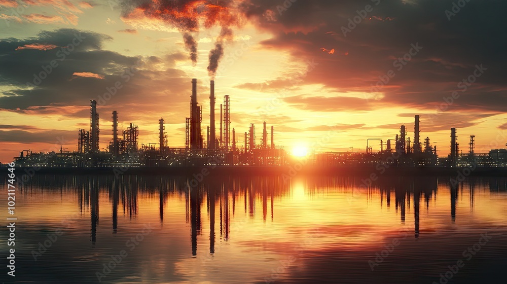 Dramatic sunset over an industrial skyline, reflecting on serene waters, creating a stunning contrast of nature and industry. Dramatic sunset over an industrial skyline, reflecting on serene waters, creating a stunning contrast of nature and industry.