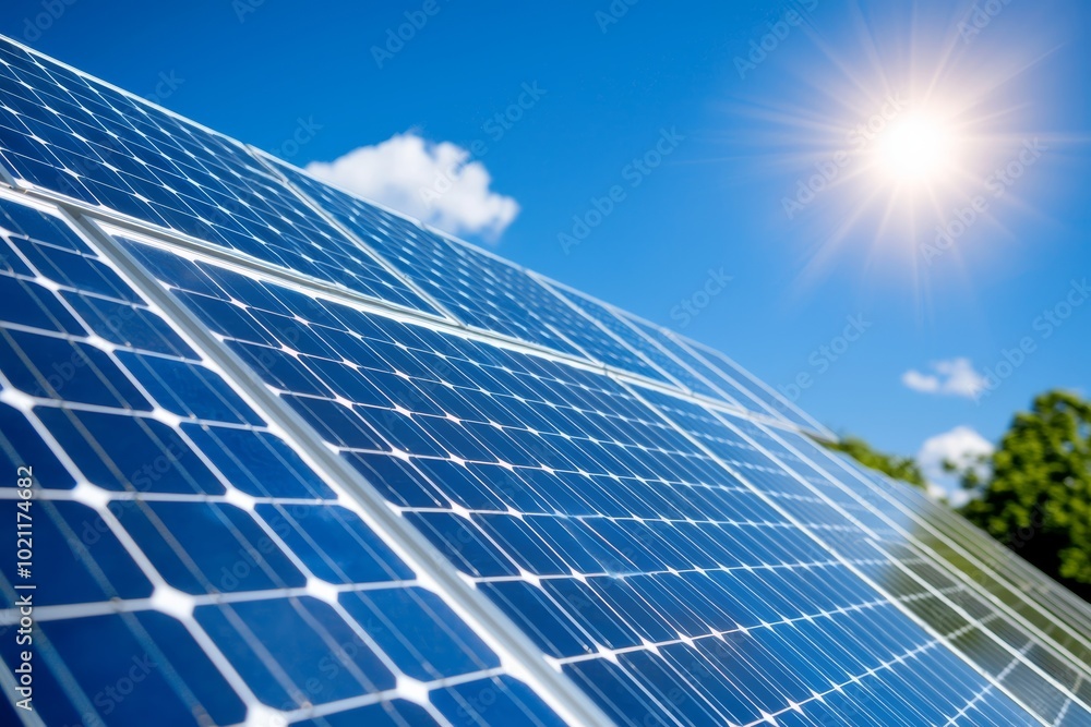 Close-up of solar panels with clear blue sky and bright sun, symbolizing renewable energy and sustainability in modern technology. Close-up of solar panels with clear blue sky and bright sun, symbolizing renewable energy and sustainability in modern technology.