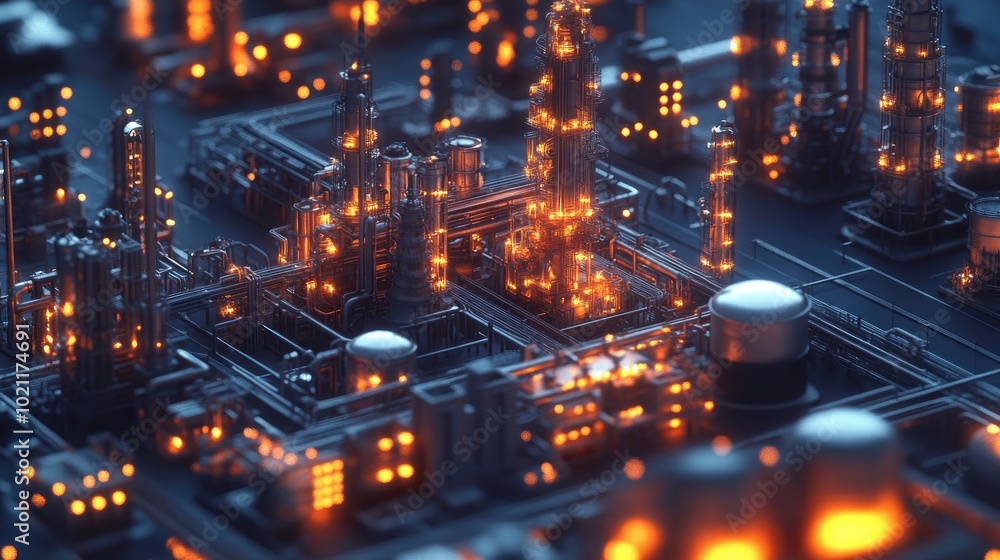 A vibrant, close-up view of a futuristic industrial complex with glowing orange and blue lights. A vibrant, close-up view of a futuristic industrial complex with glowing orange and blue lights.