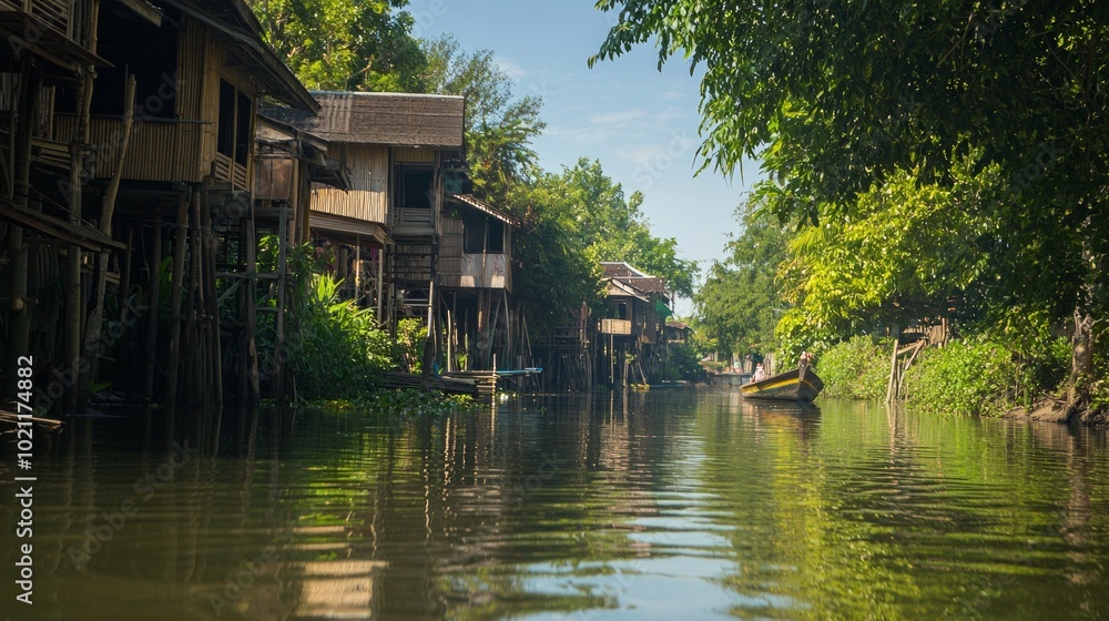 Obraz premium Captivating Unseen Thailand: Stilt Houses Village Along River