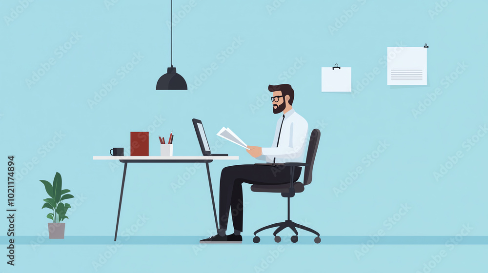 A professional man sitting at a desk, working on a laptop in a bright office environment, with a plant and organized workspace. A professional man sitting at a desk, working on a laptop in a bright office environment, with a plant and organized workspace.