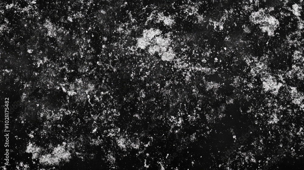 A textured black surface dusted with white specks resembling snow or flour, creating a striking contrast. A textured black surface dusted with white specks resembling snow or flour, creating a striking contrast.