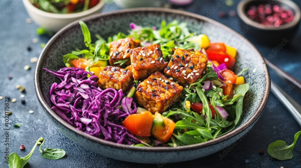 Stir-fried tempeh with vegetables, bright and colorful dish Stir-fried tempeh with vegetables, bright and colorful dish