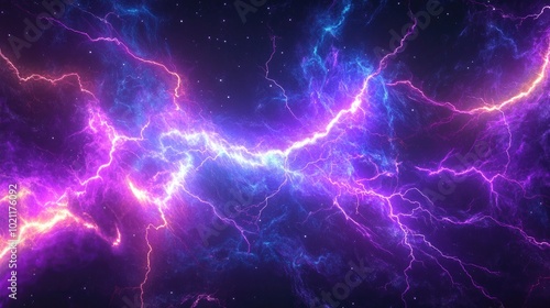 A stunning cosmic scene featuring vibrant purple and blue lightning amidst a dark starry background.