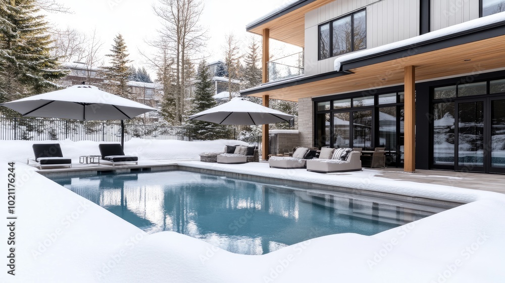 Obraz premium A tranquil backyard reveals a swimming pool blanketed in snow, surrounded by frosty trees and a luxurious home, capturing the essence of a cold winter day