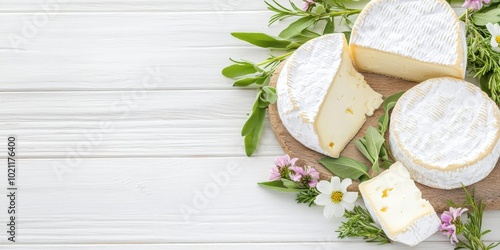 A colorful display of artisanal goat cheeses with herbs and flowers photo