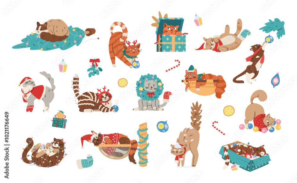 Fototapeta premium Christmas funny cats flat vector illustrations set isolated on white. Cute cats in sweaters and scarfs, deer antlers and wreath playing with garlands, Christmas toys and tree.