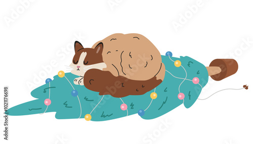Cute cat sleeping on a fallen Christmas tree with garland flat vector illustration isolated on white.