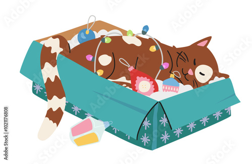 Cute cat sleeping in a box with Christmas toys and garland flat vector illustration isolated on white.