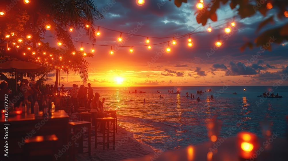 Obraz premium Restaurant in side of beach decor lights evening time in front of sea