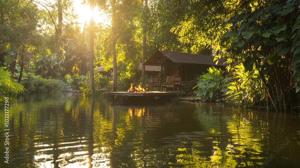 Serene Lakeside Retreat: Cozy Cabin with Fire Pit at Sunset in Unseen Thailand | Detailed Nature Capture Serene Lakeside Retreat: Cozy Cabin with Fire Pit at Sunset in Unseen Thailand | Detailed Nature Capture