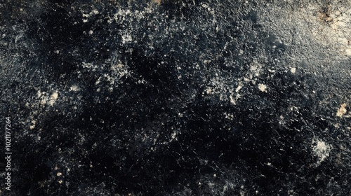 Abstract close-up of a textured dark surface with speckles and scratches, suggesting age and wear.