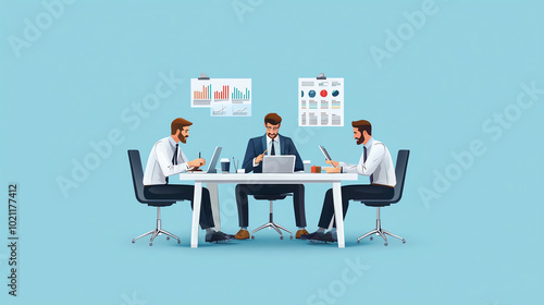 Three business professionals analyzing data charts during a meeting at a modern conference table with blue background.