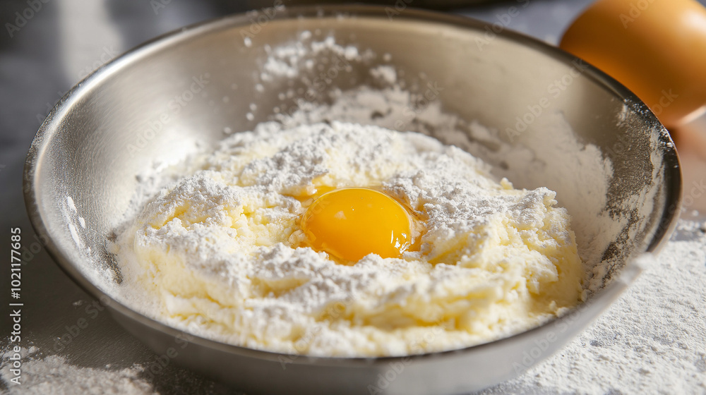 Ingredients for flour and broken eggs on a pile of wheat flour, pastries on a wooden table, bread ingredients, and Christmas cooking Ingredients for flour and broken eggs on a pile of wheat flour, pastries on a wooden table, bread ingredients, and Christmas cooking