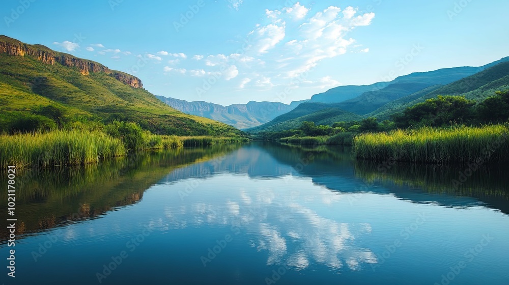 Serene Mountain Lake with Reflections of Clouds and Mountains Serene Mountain Lake with Reflections of Clouds and Mountains
