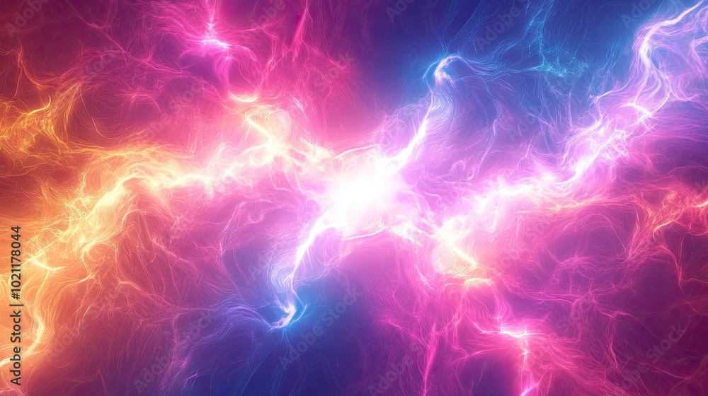 A vibrant explosion of pink, blue, and orange colors, resembling cosmic energy in motion. A vibrant explosion of pink, blue, and orange colors, resembling cosmic energy in motion.