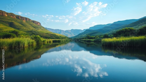 Serene Mountain Lake with Reflections of Clouds and Mountains