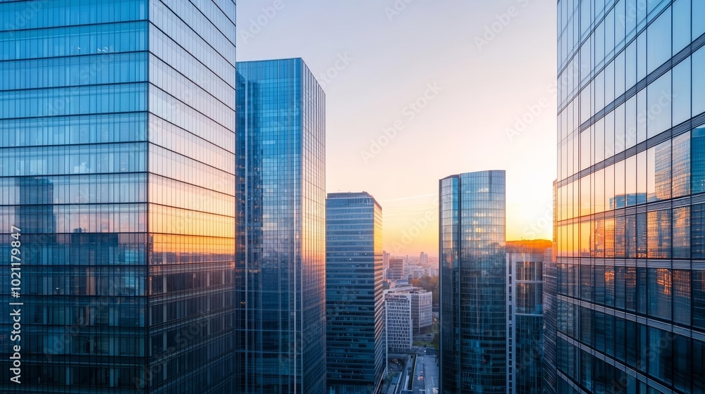 Sunset casting warm hues on a cityscape of glass skyscrapers, blending natural beauty with urban design Sunset casting warm hues on a cityscape of glass skyscrapers, blending natural beauty with urban design