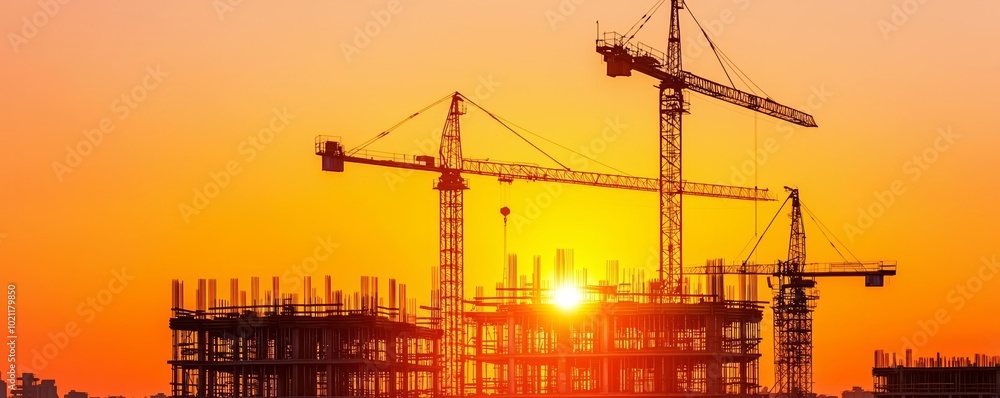 Sunset over a bustling construction site, cranes and scaffolding highlighted, dynamic urban expansion Sunset over a bustling construction site, cranes and scaffolding highlighted, dynamic urban expansion