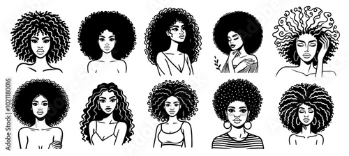 collection of black women with natural curly hairstyles in black vector