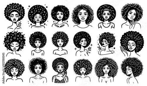 black women with natural curly and afro hairstyles set in black vector