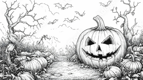 Spooky Halloween Illustration with Jack-O-Lantern and Bats photo