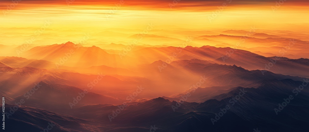 Breathtaking sunrise over misty mountain range with golden light beams.