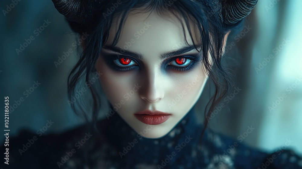 Mysterious woman with horns, dark makeup, and red eyes, evoking a powerful, demonic presence Mysterious woman with horns, dark makeup, and red eyes, evoking a powerful, demonic presence