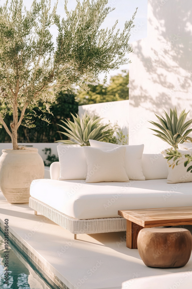 Outdoor pool area with modern furniture, surrounded by garden with plants and trees. Outdoor pool area with modern furniture, surrounded by garden with plants and trees.