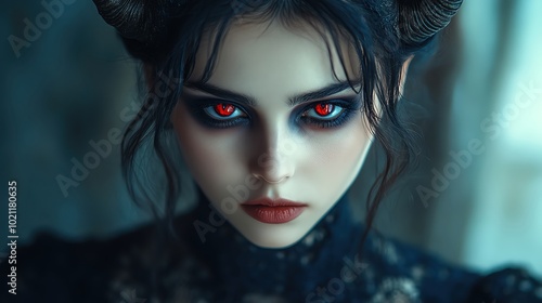 Mysterious woman with horns, dark makeup, and red eyes, evoking a powerful, demonic presence