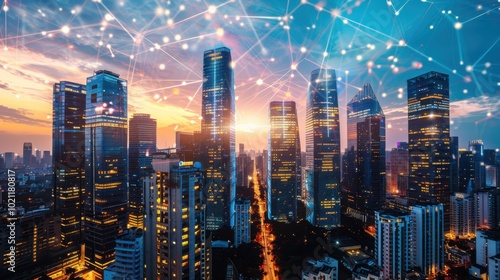 Wallpaper Mural Skyscrapers connected by glowing digital lines during sunset, symbolizing smart cities, global communication, and advanced technology. Torontodigital.ca