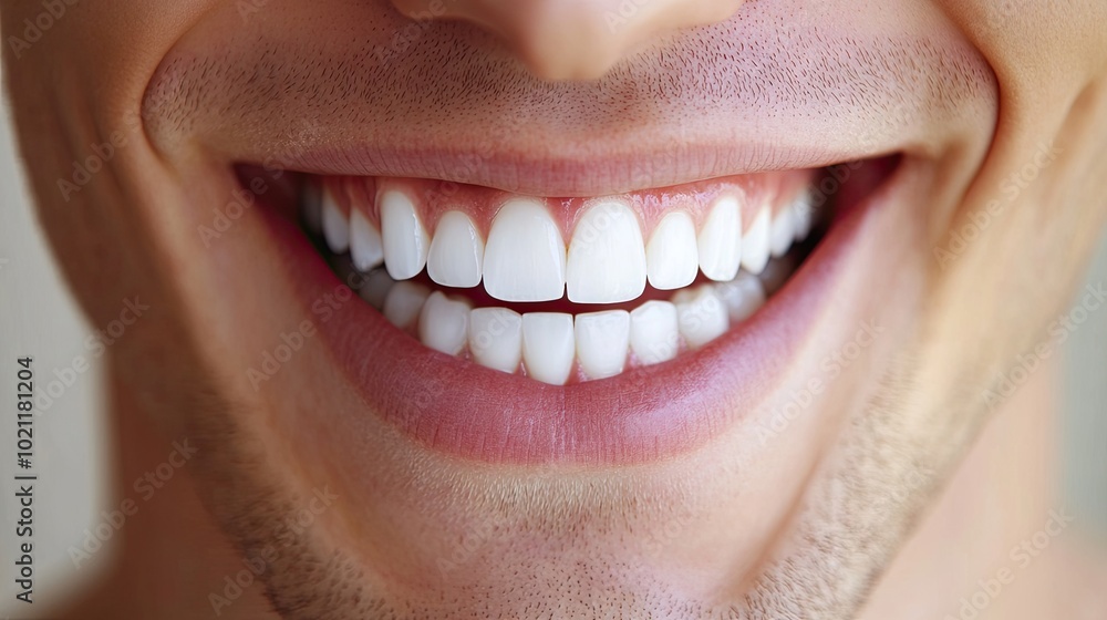 Fototapeta premium A close-up of a young man flashing a bright white smile, showcasing healthy teeth and mouth, with a clean dental care background