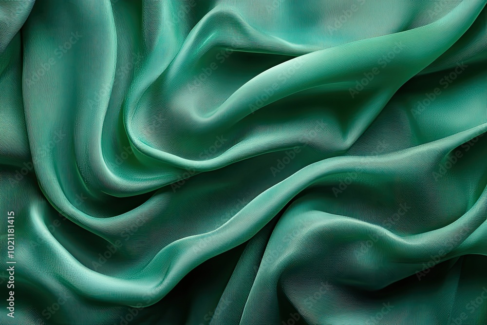Fototapeta premium Green silk fabric with soft folds. Ideal for designs needing a luxurious and elegant texture.