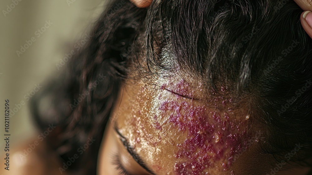 Naklejka premium A close-up view of an unrecognizable woman scalp affected by psoriasis, showcasing peeling skin and redness,