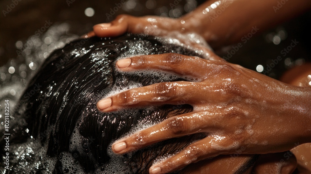 Fototapeta premium A close-up view of hands massaging a freshly shampooed scalp in a circular motion, capturing the therapeutic experience of hair
