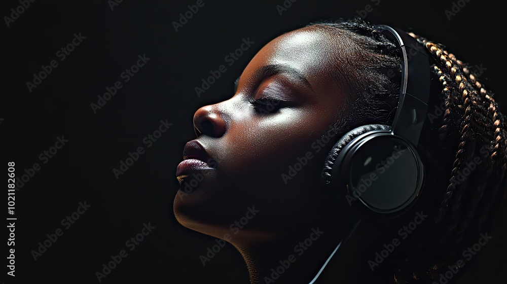 Side profile of a young Black woman with braided hair, lost in music while wearing headphones in a dark setting. Side profile of a young Black woman with braided hair, lost in music while wearing headphones in a dark setting.