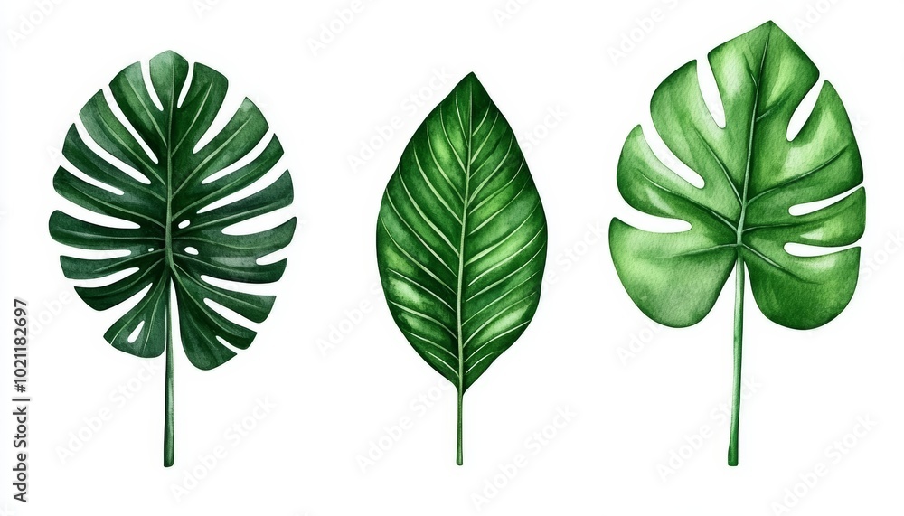 Collection of tropical green leaves in a watercolor style, isolated on white background, perfect for botanical illustrations, nature-themed designs, or summer decor Collection of tropical green leaves in a watercolor style, isolated on white background, perfect for botanical illustrations, nature-themed designs, or summer decor