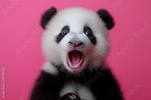 Close-Up Portrait of a Funny, Happy Panda Screaming with Mouth Open, Isolated on a Pink Background, Studio Shot
