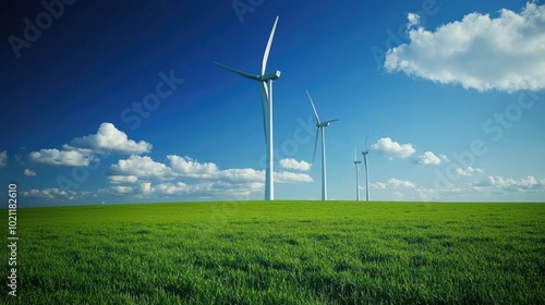 A field of green grass with wind turbines in the background