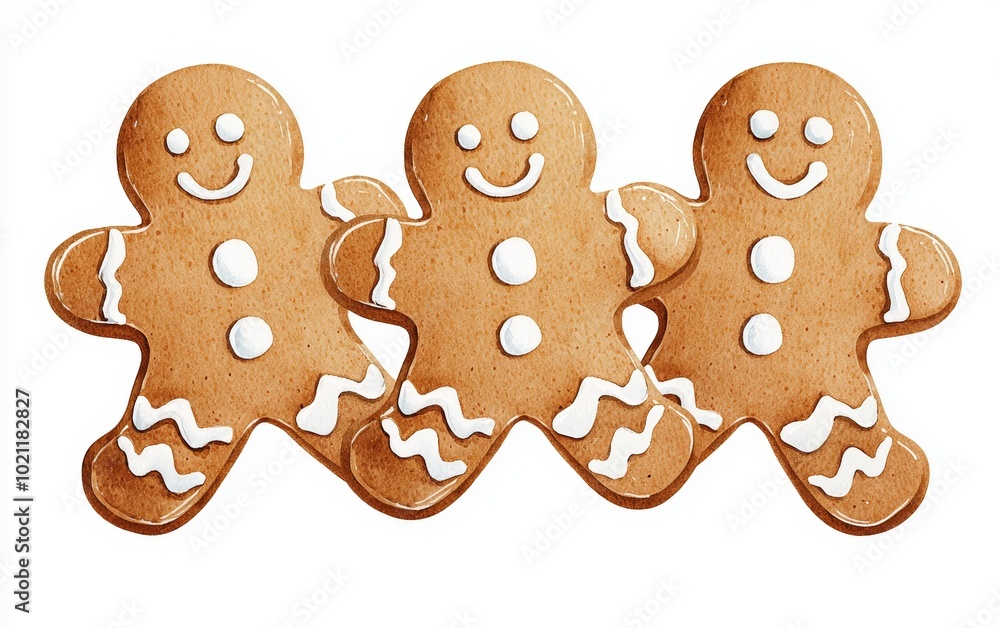 Charming watercolor gingerbread cookies, isolated on white, ideal for holiday invitations, gift wrap designs, or baking-themed prints Charming watercolor gingerbread cookies, isolated on white, ideal for holiday invitations, gift wrap designs, or baking-themed prints