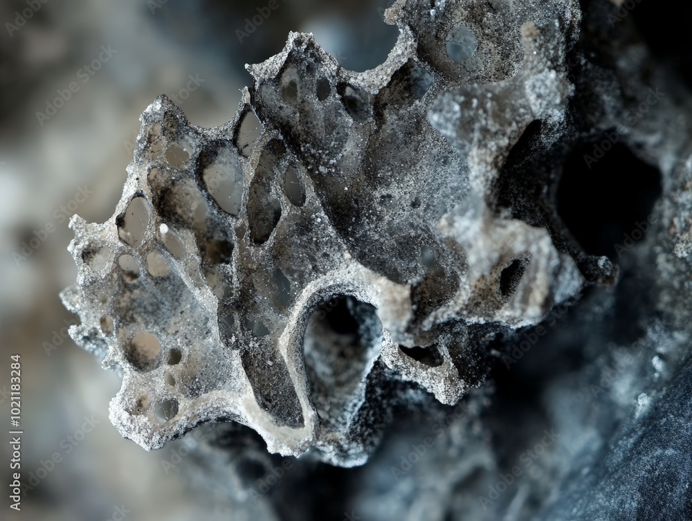 Obraz premium Abstract Macro Image of a Delicate and Complex Structure Featuring Intertwined Lines, Holes, and Crystal-like Formations