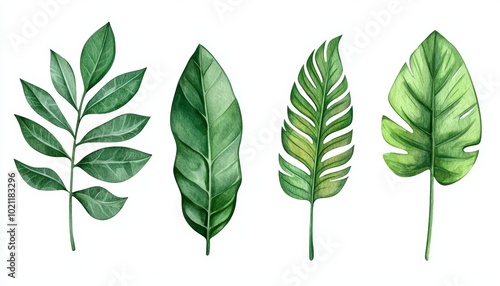 Collection of tropical green leaves in a watercolor style, isolated on white background, perfect for botanical illustrations, nature-themed designs, or summer decor