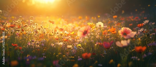 A vibrant meadow of wildflowers illuminated by the warm glow of the setting sun.