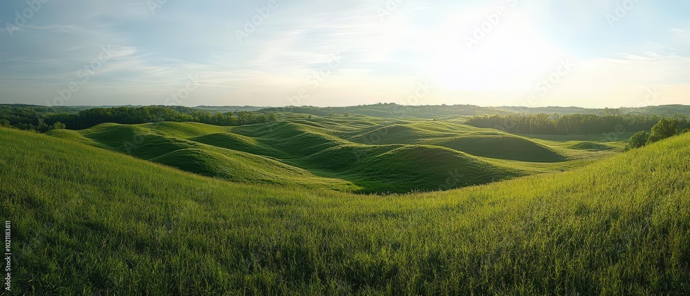 Expansive green hills under a clear blue sky with sunlight casting warm hues across the landscape. Expansive green hills under a clear blue sky with sunlight casting warm hues across the landscape.