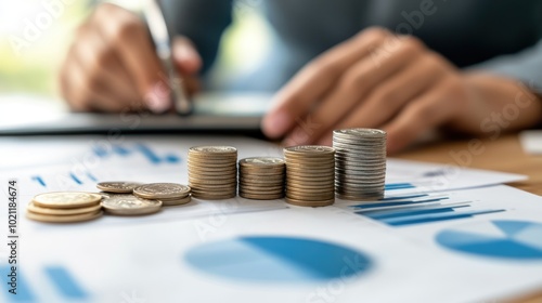 A person analyzing financial documents with stacked coins and graphs on a desk.