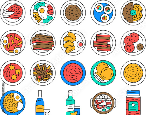 korean cuisine food meal icons set vector. kimchi soup, bibimbap sauce, chicken kimbap, roll japchae, gimbap, sesame, stir korean cuisine food meal color Contour Illustrations