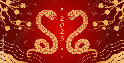 Chinese New Year of the Year of the Snake. Asian style. A striking serpent coils elegantly and smoothly, symbolizing the deep concepts of rebirth and eternity. For advertising, website, poster, flyer.
