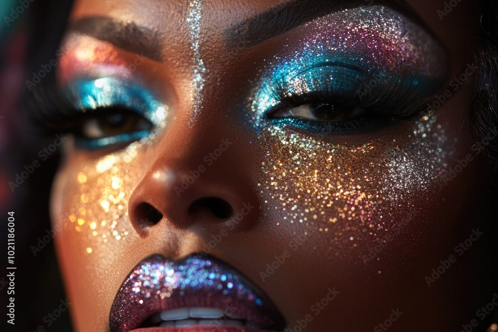 A close-up view of a woman with sparkly makeup, perfect for beauty and fashion content A close-up view of a woman with sparkly makeup, perfect for beauty and fashion content