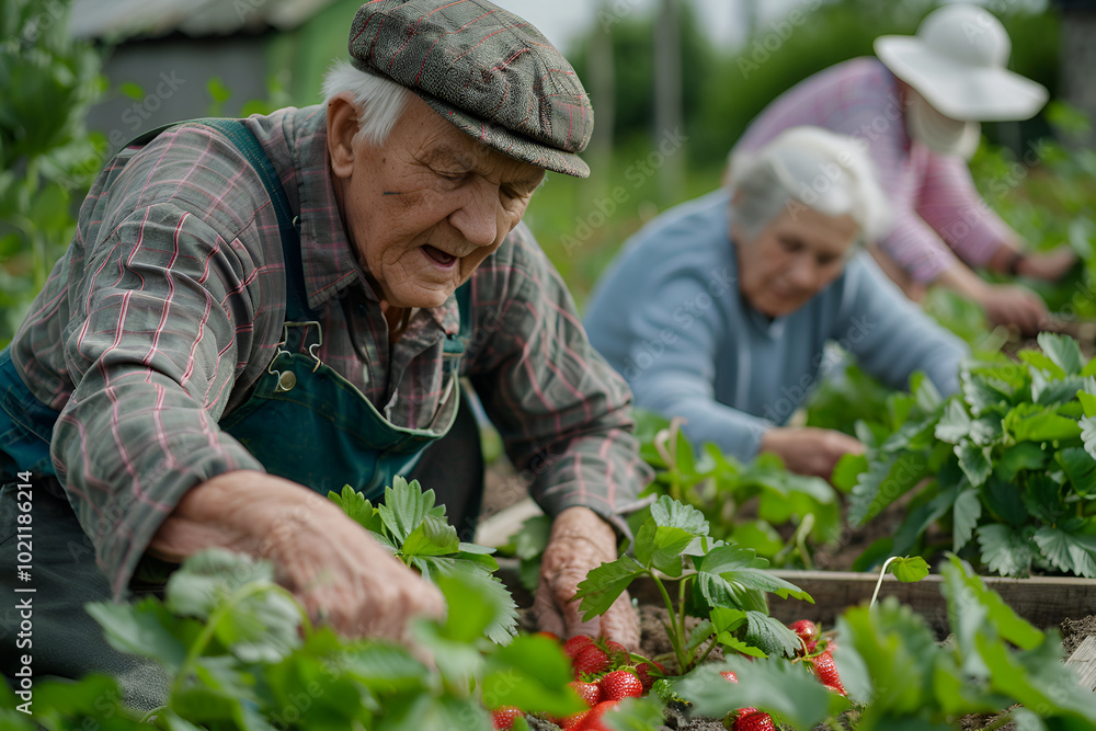custom made wallpaper toronto digitalElderly pensioners at their dacha doing agricultural work, harvesting strawberries in the garden, realistic photo