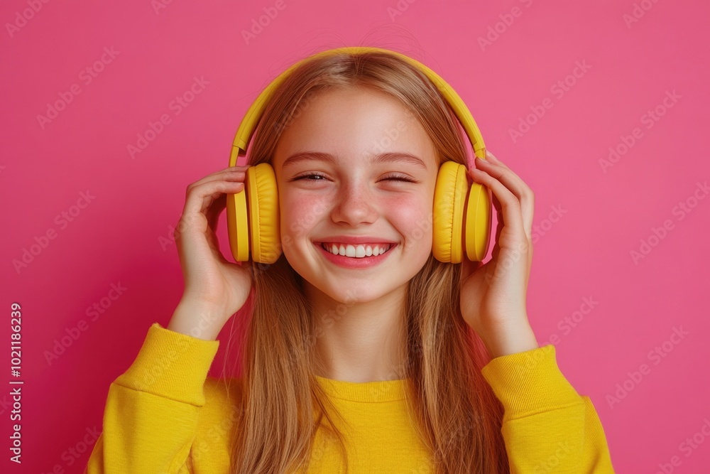 A happy child enjoying music with headphones on A happy child enjoying music with headphones on
